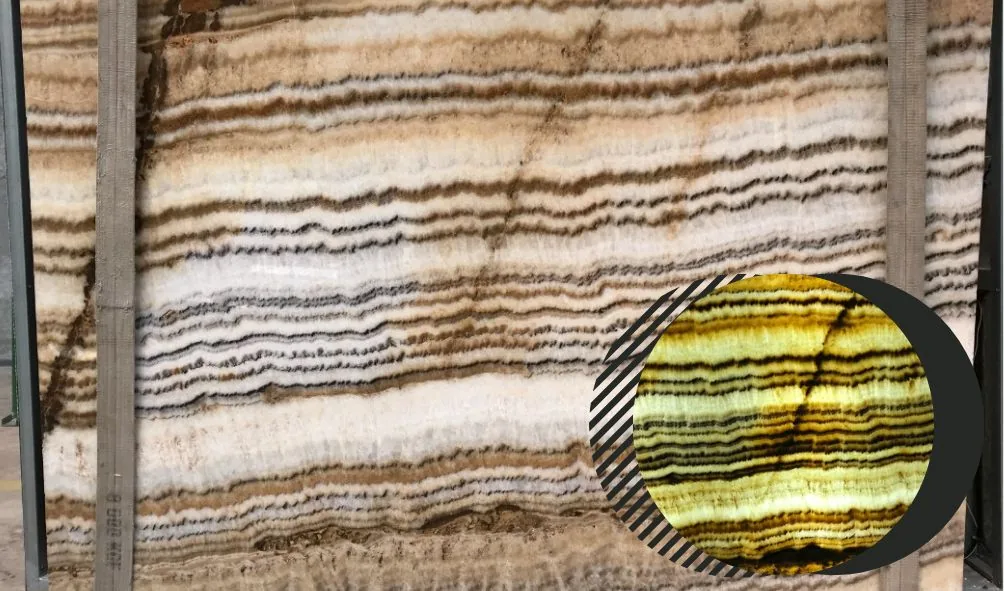 Chapa de Ônix Striatto, ônix de veios paralelos bem definidos, elegante em painéis verticais