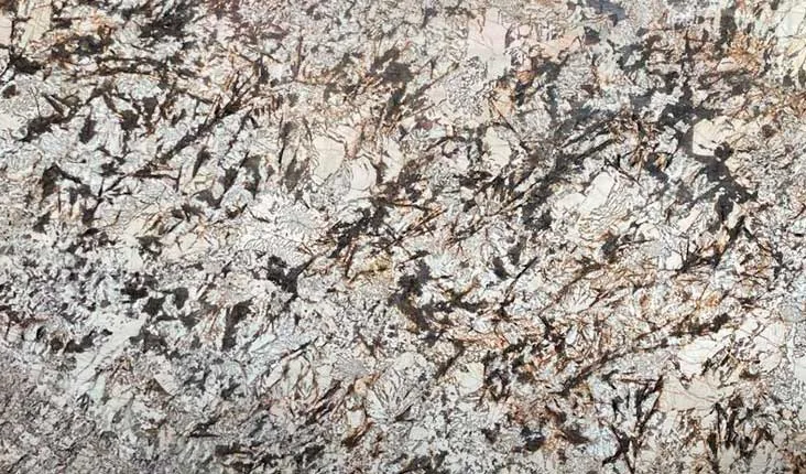 Chapa de Granito Delicatus, granito exótico de fundo claro com veios e manchas em tons dourados e escuros